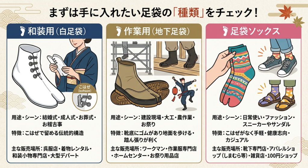 足袋の種類と販売場所をまとめた画像