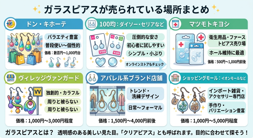ガラスピアスの販売場所についてまとめた画像